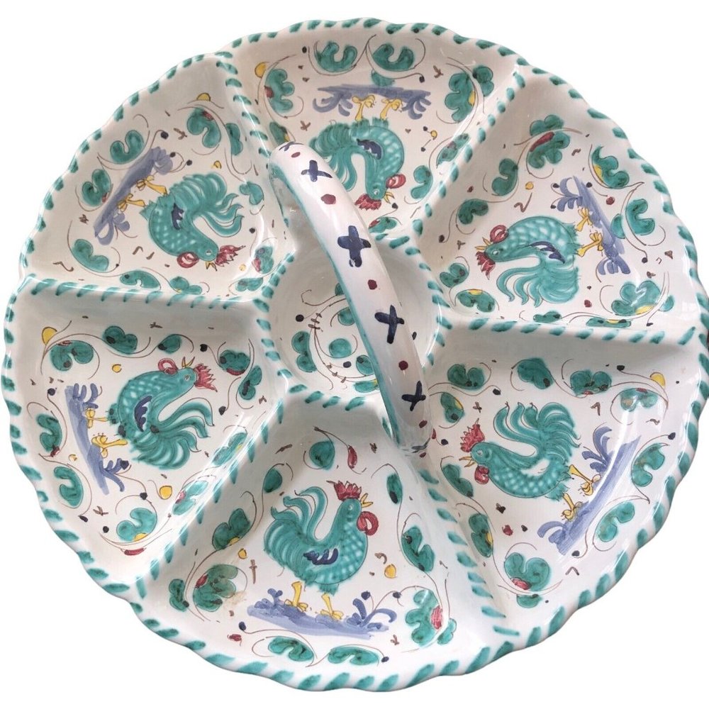 Grazia Deruta Italian Hand Painted Pottery Rooster Turquoise 6 Section Appetizer